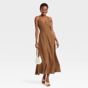 A New Day Brown Dot Small Linen Midi Dress